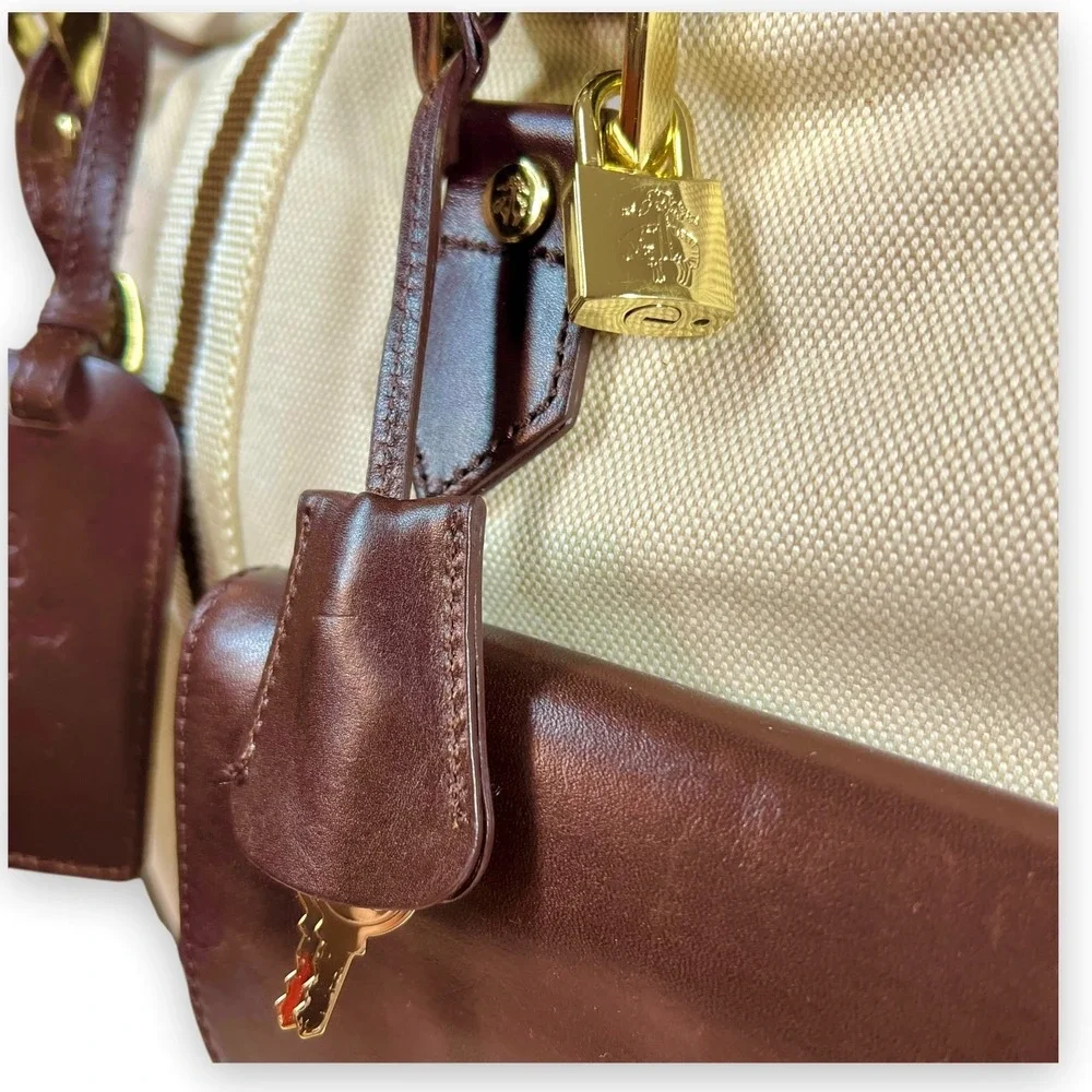 VTG Brooks Brothers Heritage Canvas Leather Travel Bag Medium Duffel Beige‎ Lock
